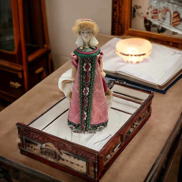 Vintage Other - Vintage 9.5” Handmade Porcelain“CONE DOLL” Russian Fur Accents